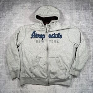 Aeropostale Sweatshirt Mens XL Gray Y2K Sherpa Lined Full Zip Hoodie Wolfjaw